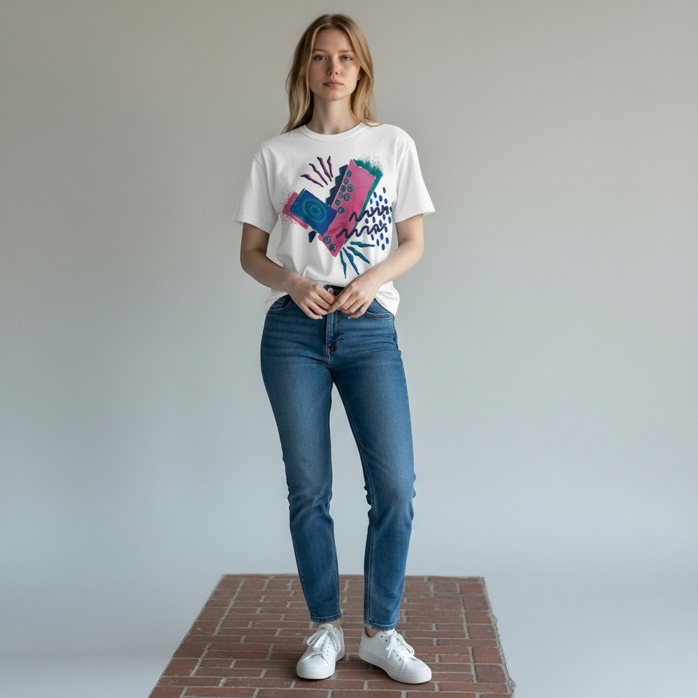 Vintage 80s LA Workout Crop Top T-Shirt White Abstract Neon Graphic NWT USA Made